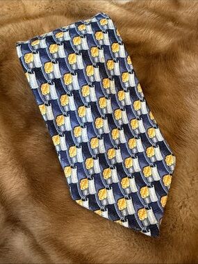Men's Navy Silk Tie with Yellow and Light Blue Geometric Motif